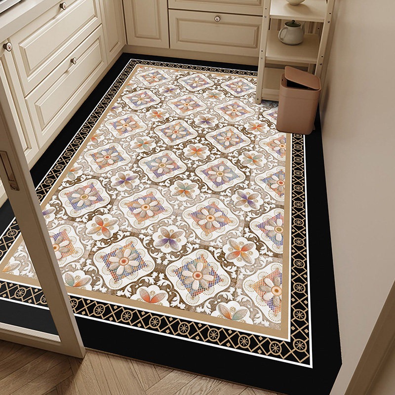 Commercial Kitchen Tile - PVC-Küchenbodenmatte, wasserdicht, ölbeständig, rutschfest, Lederteppich, Retro-Blumenfliesenteppich,